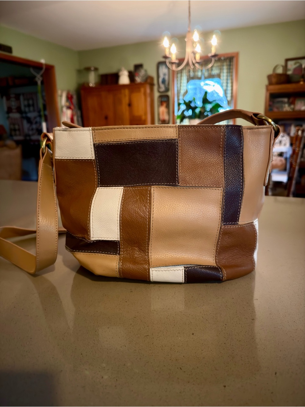 Patchwork Leather Shoulder Bag in Brown, Tan & Cream